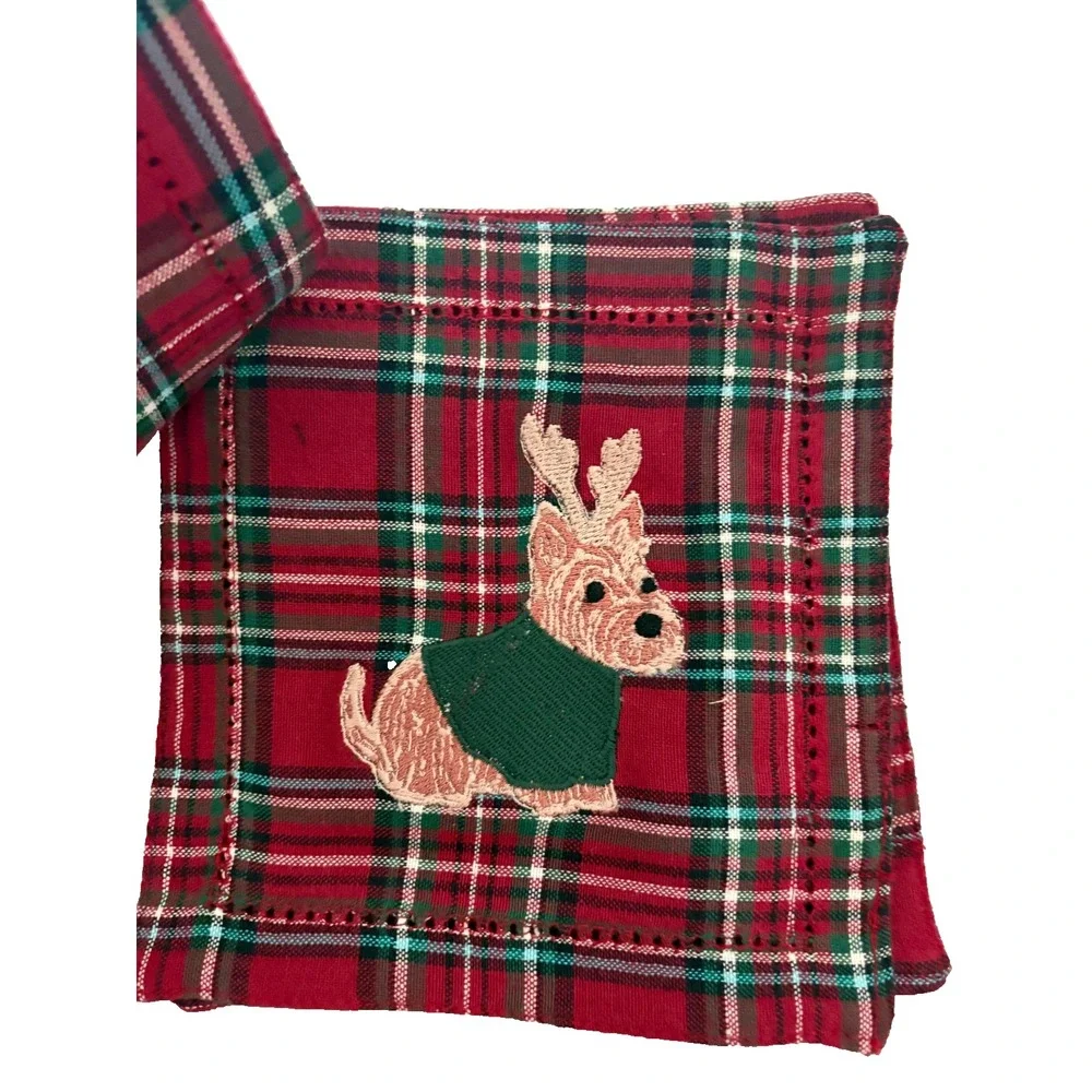 Talbots ~ Red Tartan Plaid Scottie Dog Christmas 4 Cotton Cocktail Napkins ~ New